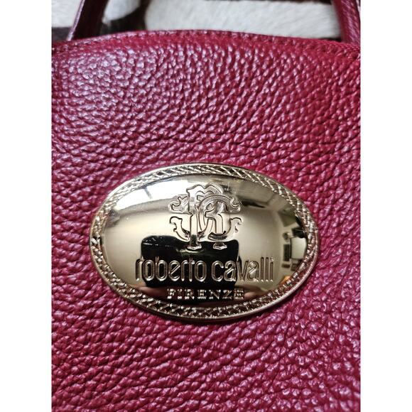Vintage ROBERTO CAVALLI Round Leather Satchel Bag Red Animal Print Liner - Picture 3 of 11